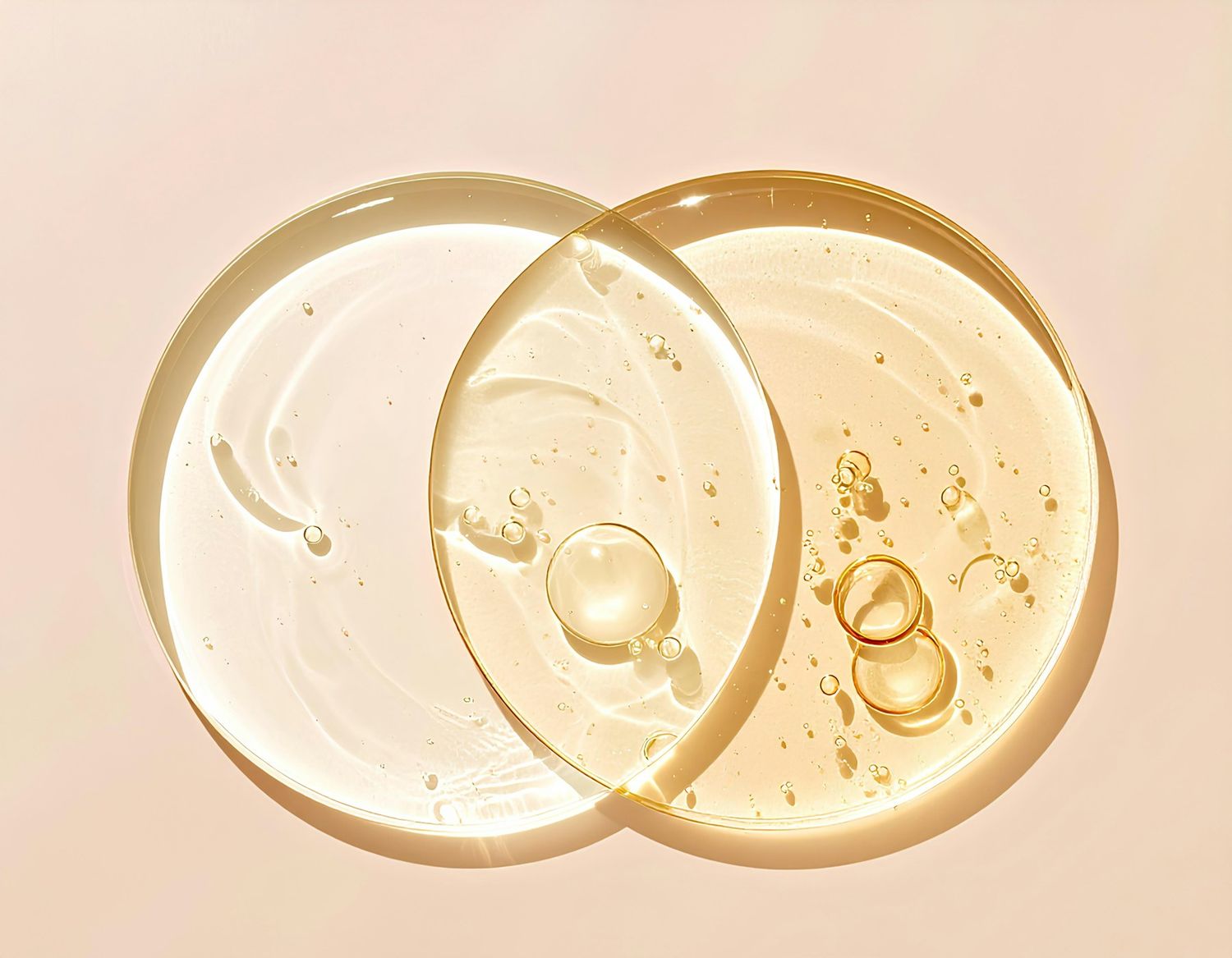 Two dishes of clear gel overlapping on a warm background